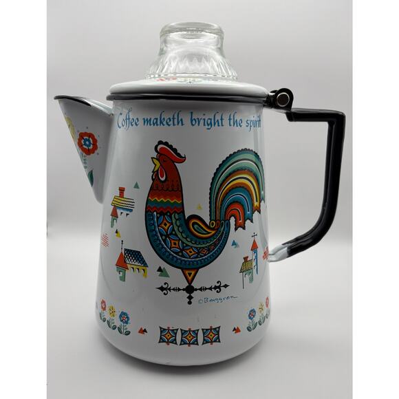 Vintage Signed Berggren Enamel Swedish Coffee Pot Rooster Folk Art Design - Picture 1 of 13
